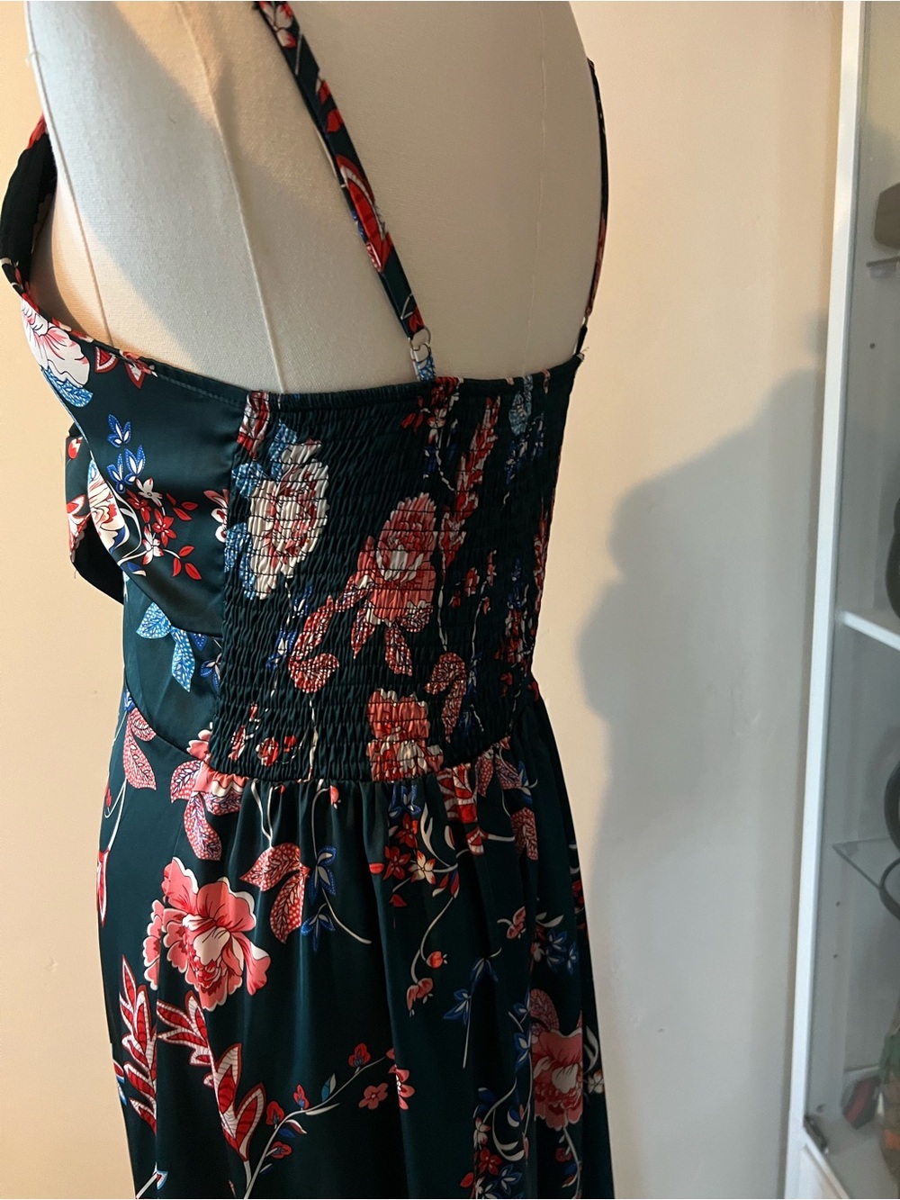 Amazon Teal Floral Midi Dress with Pink Flowers and Side Slit - Picture 6 of 6